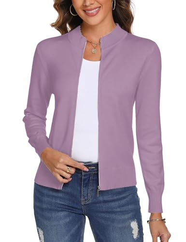 Aottori Damen Langarm Stehkragen Strickjacke Pullover Cardigan mit Reißverschluss Sweatshirt Casual Einfarbig Strickmantel Freizeit Jacket Outerwear Violett L von Aottori