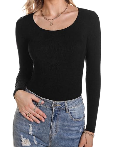 Aottori Damen Langarmshirt Elegant Oberteile Langarm Slim Fit Pullover Rundhals Stretch T-Shirt Sexy Casual Basic Top Schwarz XXL von Aottori