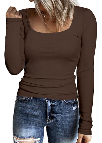 Aottori Damen Langarmshirt Elegant Oberteile Langarm Slim Fit Pullover mit Eckigem Ausschnitt Stretch T-Shirt Sexy Casual Basic Top Braun M von Aottori