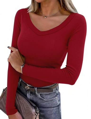 Aottori Damen Langarmshirt Gerippt Elegant Oberteile Langarm Stretch Pullover V-Ausschnitt Slim Fit T-Shirt Baumwolle Casual Basic Top Rot L von Aottori