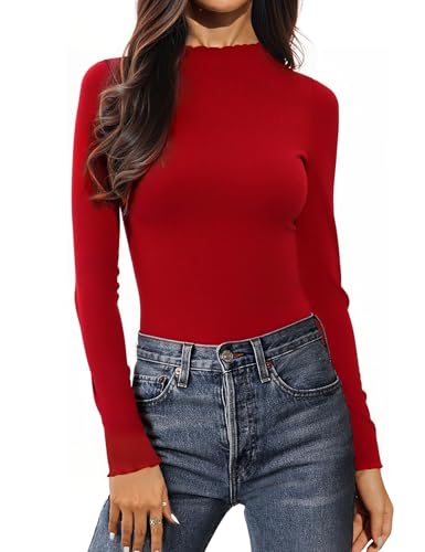 Aottori Damen Langarmshirt Rollkragen Stretch Pullover Gerippt Elegant Thermo Oberteile Langarm Casual Unterziehshirt Warm Basic Tops Rot XXL von Aottori