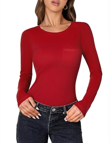 Aottori Damen Langarmshirt Rundhals mit Brusttasche Oberteile Elegant Slim Fit Shirts Langarm Stretch Baumwolle Freizeitshirt Frühling Herbst Basic Top Layer Casual Rot M von Aottori