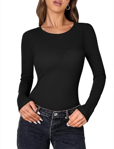 Aottori Damen Langarmshirt Rundhals mit Brusttasche Oberteile Elegant Slim Fit Shirts Langarm Stretch Baumwolle Freizeitshirt Frühling Herbst Basic Top Layer Casual Schwarz M von Aottori
