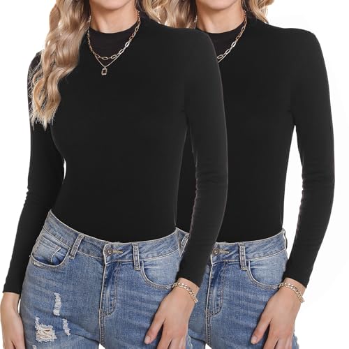 Aottori Damen Langarmshirt Slim Fit Baumwolle Rollkragenshirt Eng Stretch Basic Tops Unterwäsche Elegant Thermooberteile Turtleneck T-Shirt Frühling 2er-Pack Schwarz+Schwarz S von Aottori