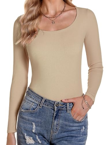 Aottori Damen Langarmshirt Stretch Pullover Rundhals Gerippt T-Shirt Slim Fit Sexy Oberteile Langarm Tops Aprikose M von Aottori