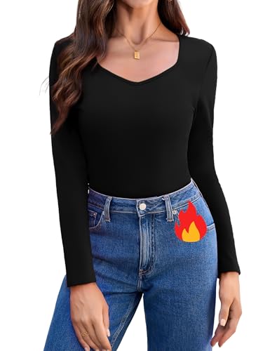 Aottori Damen Langarmshirt Thermo Oberteile Fleece mit V-Ausschnitt Unterziehshirt Extra Warm Unterhemd Slim Fit Elegant Basic Top Langarm Thermounterwäsche Schwarz S von Aottori