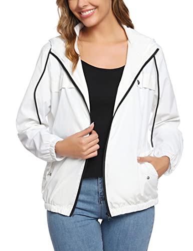 Aottori Damen Leichte Regenjacken jacken Windbreaker Regenmantel Windjacke Sommerjacke übergangsjacken Windjacken mit Atmungsaktiv Futter für Wandern Radfahren Camping Weiß XXL von Aottori