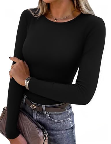 Aottori Damen Oberteil Langarm Rundhals Langarmshirt Stretch Figurbetont Pullover Dünn Eng Unterziehshirt Basic Shirt für Frühling Herbst Schwarz XXL von Aottori