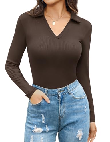 Aottori Damen Polo Shirt Langarm Oberteile V-Ausschnitt Slim Fit Langarmshirt Gerippt Elegant Pullover Baumwolle Stretch Basic Tops Casual Braun XXL von Aottori