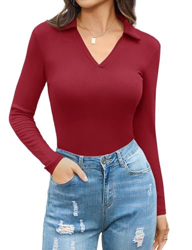 Aottori Damen Polo Shirt Langarm Oberteile V-Ausschnitt Slim Fit Langarmshirt Gerippt Elegant Pullover Baumwolle Stretch Basic Tops Casual Rot S von Aottori