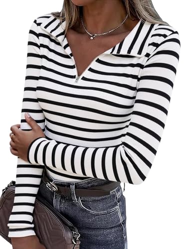 Aottori Damen Pullover Elegant Gestreiftes Half Zip Shirt Langarm Baumwoll Langarmshirt Casual T-Shirt Weiß XXL von Aottori