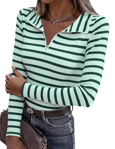 Aottori Damen Pullover Gestreiftes V-Ausschnitt Langarm Ringelshirt Baumwolle Langarmshirt Tuniken Blau XXL von Aottori