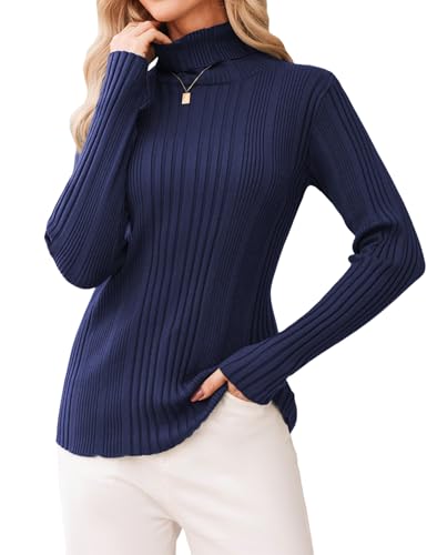 Aottori Damen Pullover Rollkragen Rollkragenpullover Elegant Slim Fit Strickpulli Langarm Einfarbig Strickpullover Ribbed Strick Tops für Winter Dunkelblau XL von Aottori