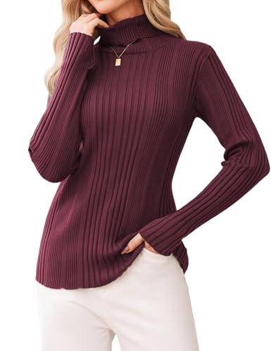 Aottori Damen Pullover Rollkragen Rollkragenpullover Elegant Slim Fit Strickpulli Langarm Einfarbig Strickpullover Ribbed Strick Tops für Winter Weinrot S von Aottori