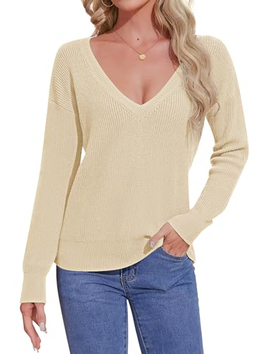 Aottori Damen Pullover Tiefer V-Ausschnitt Strickpullover Elegant Langarm Pulli Lose Schulterfrei Oberteile Sexy Einfarbig Tops für Herbst Winter Aprikose S von Aottori