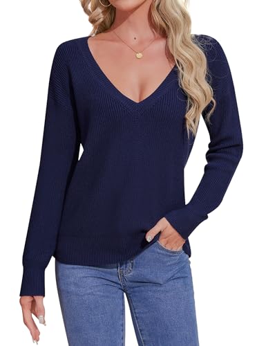 Aottori Damen Pullover Tiefer V-Ausschnitt Strickpullover Elegant Langarm Pulli Lose Schulterfrei Oberteile Sexy Einfarbig Tops für Herbst Winter Navyblau L von Aottori