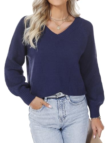 Aottori Damen Pullover V-Ausschnitt Strickpullover Langarm Pulli Lose Schulterfrei Oberteile Puffärmeln Tops für Frühling Hebst Winter Navyblau M von Aottori