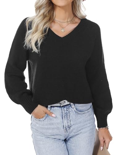 Aottori Damen Pullover V-Ausschnitt Strickpullover Langarm Pulli Lose Schulterfrei Oberteile Puffärmeln Tops für Frühling Hebst Winter Schwarz L von Aottori