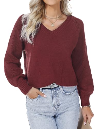 Aottori Damen Pullover V-Ausschnitt Strickpullover Langarm Pulli Lose Schulterfrei Oberteile Puffärmeln Tops für Frühling Hebst Winter Weinrot M von Aottori