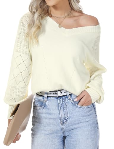 Aottori Damen Pullover V-Ausschnitt Strickpullover Langarm Pulli Lose Schulterfrei Oberteile Puffärmeln Tops für Frühling Hebst Winter Weiß L von Aottori