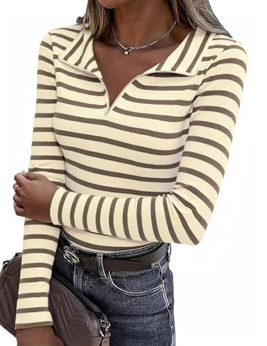 Aottori Damen Pullover Winter Baumwolle Gestreiftes Langarmshirt V-Ausschnitt Langarm T Shirt Braun XL von Aottori