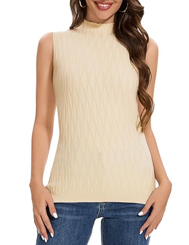 Aottori Damen Rolli Tank Top Elegant Pullunde Ärmelloses Pullover Weste mit Stehkragen Slim Fit Strickweste Strickpullunder Aprikose XXL von Aottori