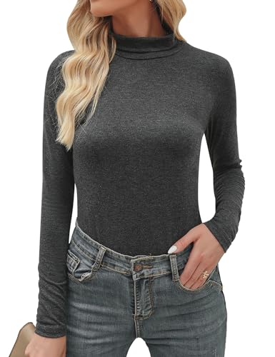 Aottori Damen Rollkragenpullover Langarm Thermo Rollkragen Oberteile Elegant Langarmshirt Warm T-Shirt Einfarbig Tops Slim Fit Casual für Herbst Winter Dunkelgrau L von Aottori