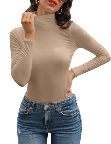 Aottori Damen Rollkragenpullover Langarm Thermo Rollkragen Oberteile Elegant Langarmshirt Warm T-Shirt Einfarbig Tops Slim Fit Casual für Herbst Winter Khaki S von Aottori