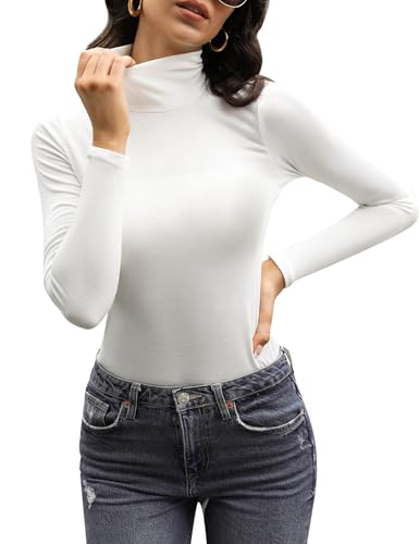 Aottori Damen Rollkragenpullover Langarm Thermo Rollkragen Oberteile Elegant Langarmshirt Warm T-Shirt Einfarbig Tops Slim Fit Casual für Herbst Winter Weiß S von Aottori