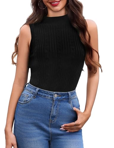 Aottori Damen Rollkragenshirt Ärmellos Top Stehkragen Slim Fit Stricktop Gerippt Elegant Basic Tanktop Stretch Einfarbig für Büro Freizeit Alltag Schwarz XXL von Aottori