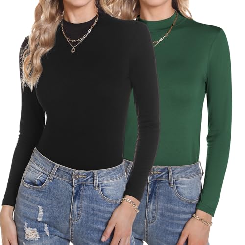 Aottori Damen Rollkragenshirt Langarm Langarmshirt Set Baumwolle Elegant Basic Tops Stehkragen Unterziehshirt Slim Fit Rollkragenpullover Dünn Casual Schwarz+Grün M von Aottori