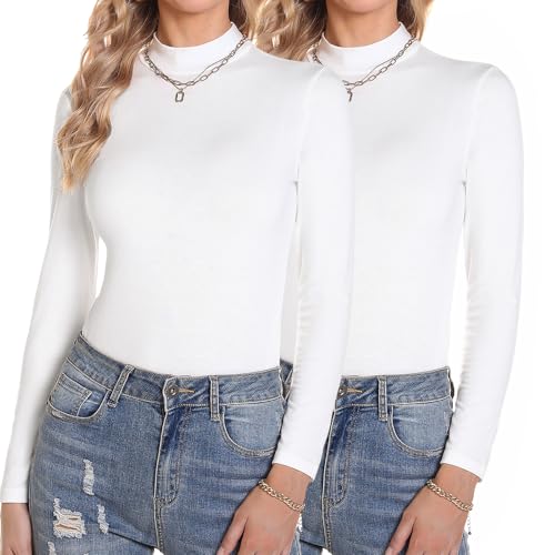 Aottori Damen Rollkragenshirt Langarm Langarmshirt Set Baumwolle Elegant Basic Tops Stehkragen Unterziehshirt Slim Fit Rollkragenpullover Dünn Casual Weiß+Weiß S von Aottori