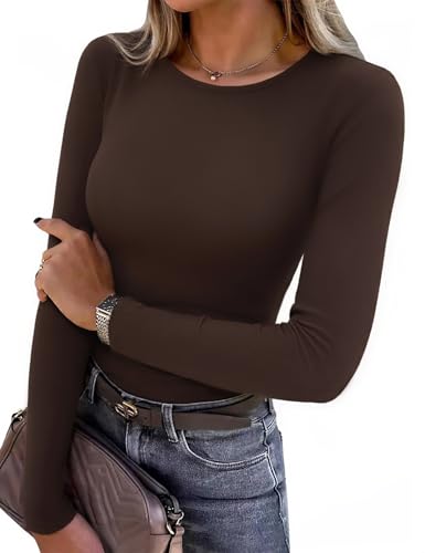 Aottori Damen Shirt Langarm Rundhals Oberteil Enganliegendes Slim Fit Langarmshirt Gerippt Elegant Unterziehshirt Dünn Tops für Herbst Alltag Party Braun L von Aottori