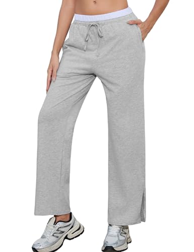 Aottori Damen Sporthose Baumwolle Jogginghose High Waist Yogahose Lang Hosen Lose Stoffhose Leichte Sweathose Geradem Bein Schlaghose für Sport Gym Hellgrau M von Aottori