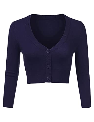 Aottori Damen Strick Bolero Shrug Langarm Elegante V Ausschnitt Cardigan Kurze Offener Strickweste Strickjacke Top Knopf Marine S von Aottori