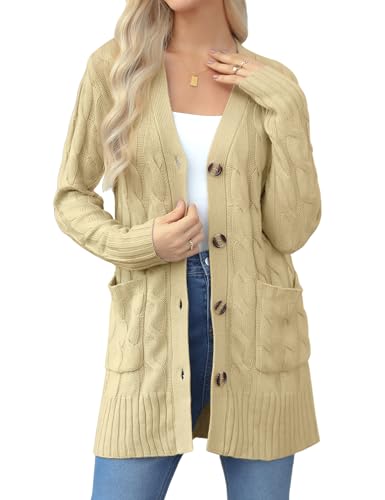 Aottori Damen Strickjacke Langarm Cardigan Grobstrick Elegant Strickmantel Open Front Casual Pullover Strick mit Knöpfen und Taschen Aprikose S von Aottori