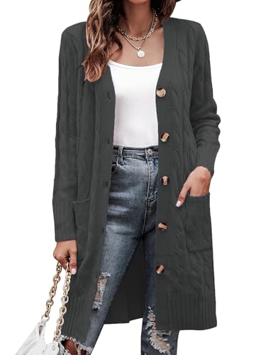Aottori Damen Strickjacke Langarm Cardigan Grobstrick Elegant Strickmantel Open Front Pullover Strick mit Knöpfen und Taschen Dunkelgrau XXL von Aottori