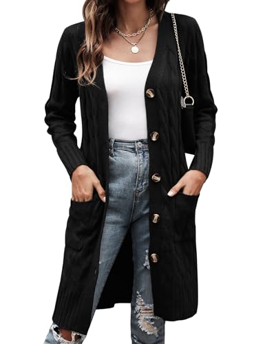 Aottori Damen Strickjacke Langarm Cardigan Grobstrick Elegant Strickmantel Open Front Pullover Strick mit Knöpfen und Taschen Schwarz XXL Aottori Damen Strickjacke Langarm Cardigan Grobstrick Elegant Strickmantel Open Front Pullover Strick mit Knöpfen und Taschen Schwarz XXL von Aottori