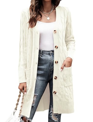 Aottori Damen Strickjacke Langarm Cardigan Grobstrick Elegant Strickmantel Open Front Pullover Strick mit Knöpfen und Taschen Weiß XXL Aottori Damen Strickjacke Langarm Cardigan Grobstrick Elegant Strickmantel Open Front Pullover Strick mit Knöpfen und Taschen Weiß XXL von Aottori