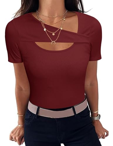 Aottori Damen T-Shirt mit Asymmetrischer Ausschnitt Elegant Oberteile Gerippt Stretch Tshirt Kurzarm Slim Fit Shirt Sexy Casual Basic Tops Weinrot M Aottori Damen T-Shirt mit Asymmetrischer Ausschnitt Elegant Oberteile Gerippt Stretch Tshirt Kurzarm Slim Fit Shirt Sexy Casual Basic Tops Weinrot M von Aottori