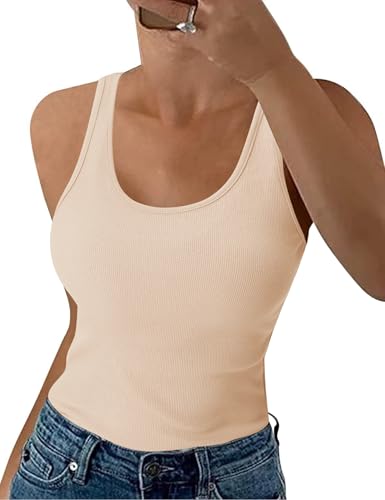 Aottori Damen Tank Top Sommer Slim Fit Oberteile Ärmellose Gerippt Basic Shirt Weste Tanktop Baumwolle Einfarbig Beige L von Aottori