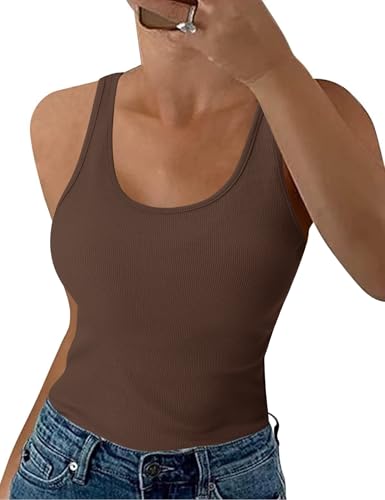 Aottori Damen Tank Top Sommer Slim Fit Oberteile Ärmellose Gerippt Basic Shirt Weste Tanktop Baumwolle Einfarbig Braun L von Aottori