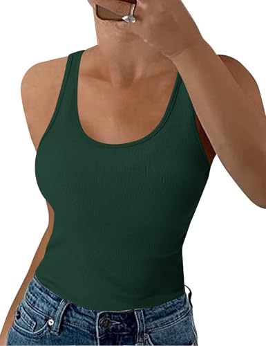 Aottori Damen Tank Top Sommer Slim Fit Oberteile Ärmellose Gerippt Basic Shirt Weste Tanktop Baumwolle Einfarbig Dunkelgrün L von Aottori