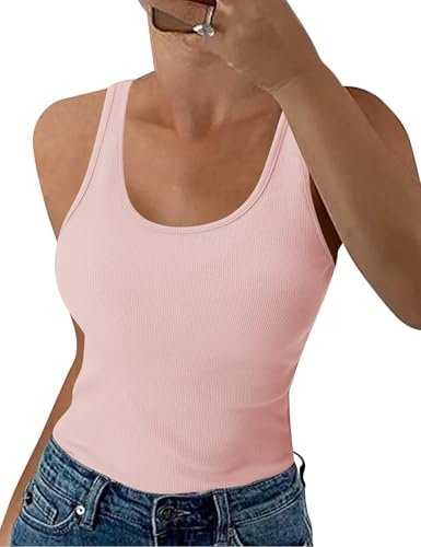 Aottori Damen Tank Top Sommer Slim Fit Oberteile Ärmellose Gerippt Basic Shirt Weste Tanktop Baumwolle Einfarbig Rosa L von Aottori