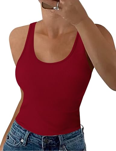Aottori Damen Tank Top Sommer Slim Fit Oberteile Ärmellose Gerippt Basic Shirt Weste Tanktop Baumwolle Einfarbig Rot L von Aottori
