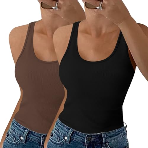 Aottori Damen Tank Top Sommer Slim Fit Oberteile Ärmellose Gerippt Basic Shirt Weste Tanktop Set Baumwolle Einfarbig Schwarz+Braun L von Aottori