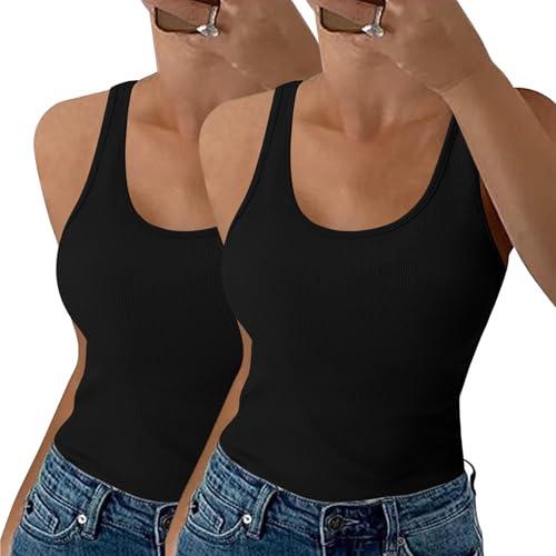 Aottori Damen Tank Top Sommer Slim Fit Oberteile Ärmellose Gerippt Basic Shirt Weste Tanktop Set Baumwolle Einfarbig Schwarz+Schwarz L von Aottori