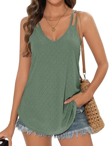 Aottori Damen Tank Top Sommer V-Ausschnitt Oberteile Ärmellose Basic Shirt Weste Elegant Tanktop Einfarbig Grün S von Aottori