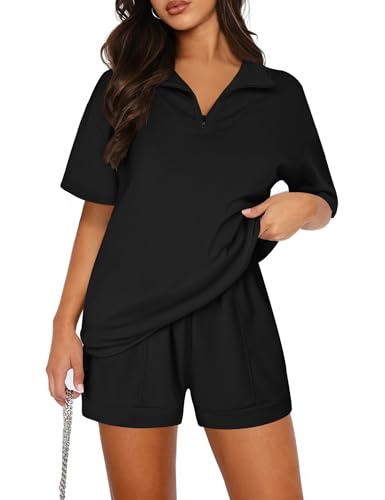 Aottori Damen Trainingsanzug Baumwolle Jogginganzug Kurz V-Ausschnitt Sportanzug Halber Reißverschluss Freizeitanzug Zweiteiler Hausanzug Sommer Sweatshirt Kurzarm und Hose mit Taschen Schwarz XXL von Aottori