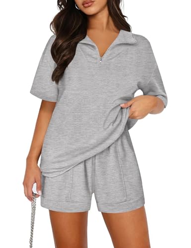 Aottori Damen Trainingsanzug Baumwolle Jogginganzug Kurz V-Ausschnitt Sportanzug Halber Reißverschluss Freizeitanzug Zweiteiler Hausanzug Sommer Sweatshirt Kurzarm und Sporthose mit Taschen Grau S von Aottori